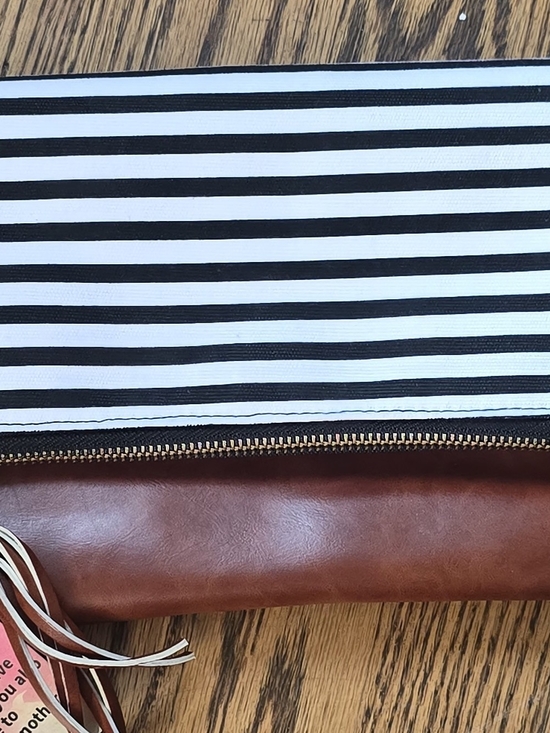 Funky Monkey Handbags - Striped Black & White and Brown Wristlet Clutch